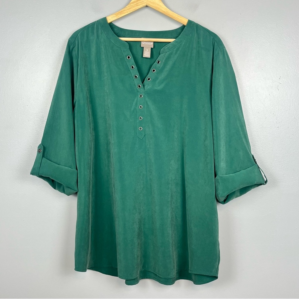 Chico's Teal Green Grommet V-Neck Roll-Sleeve Blouse